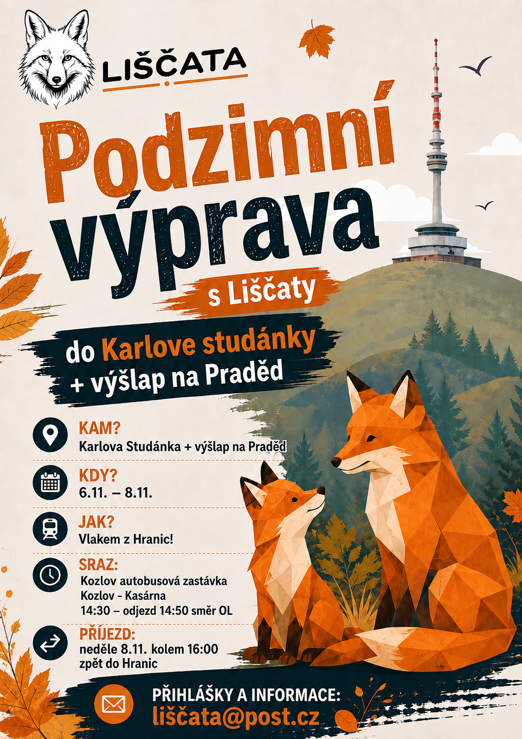 Propagační plakát „Podzimní výprava s Liščatou“ s liškami, horou a textem o Karlově Studánce.